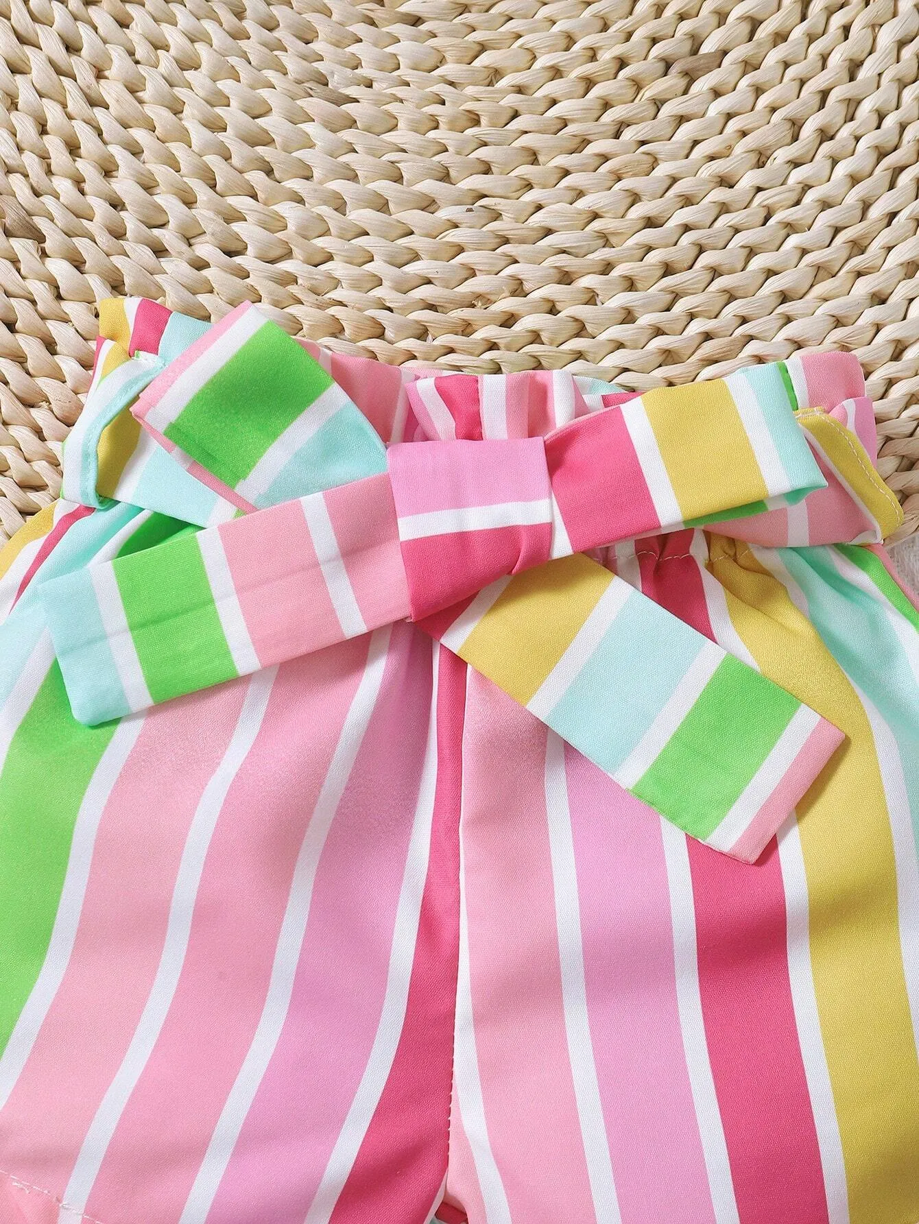 Baby Girl Rainbow Print Ruffle Trim Tee & Belted Shorts Set - FD