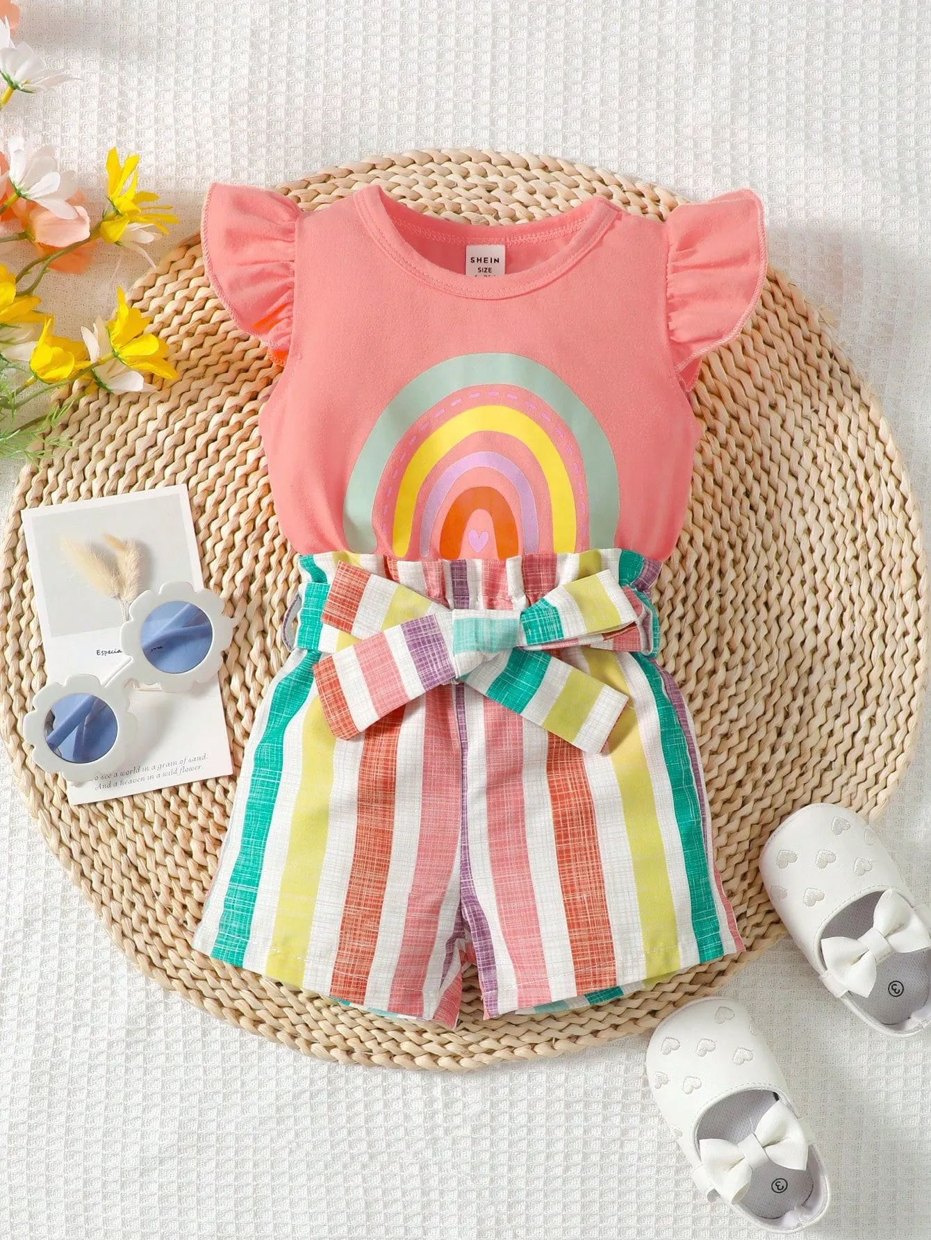 Baby Girl Rainbow Print Ruffle Trim Tee & Belted Shorts Set - FD