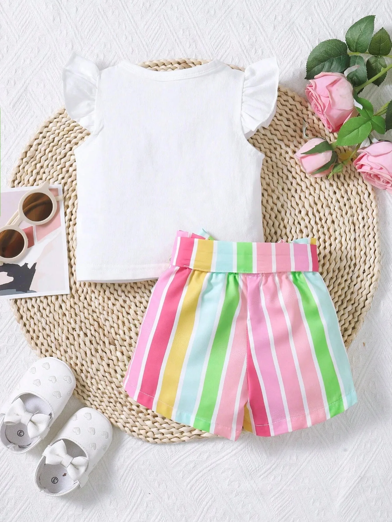 Baby Girl Rainbow Print Ruffle Trim Tee & Belted Shorts Set - FD