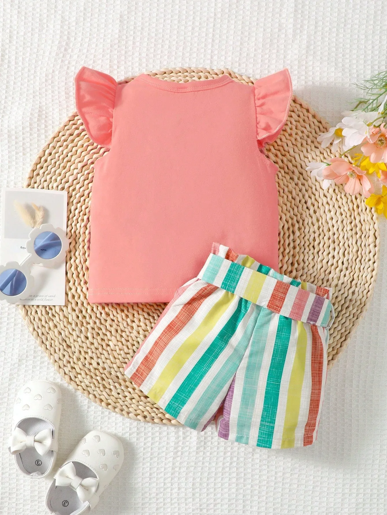 Baby Girl Rainbow Print Ruffle Trim Tee & Belted Shorts Set - FD