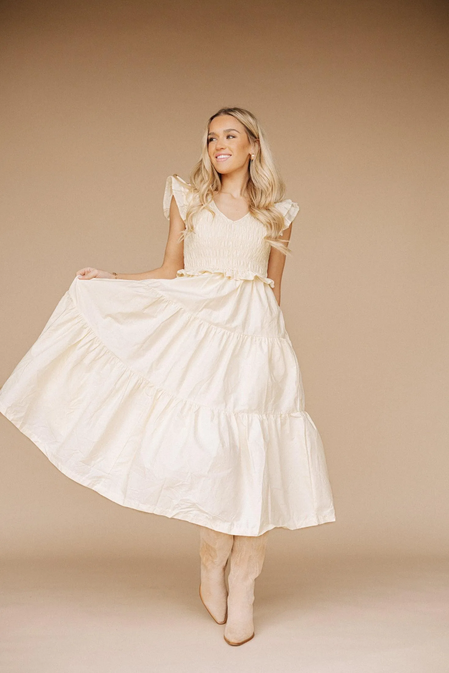 Bailee Smocked Cotton Midi Dress in Light Yellow