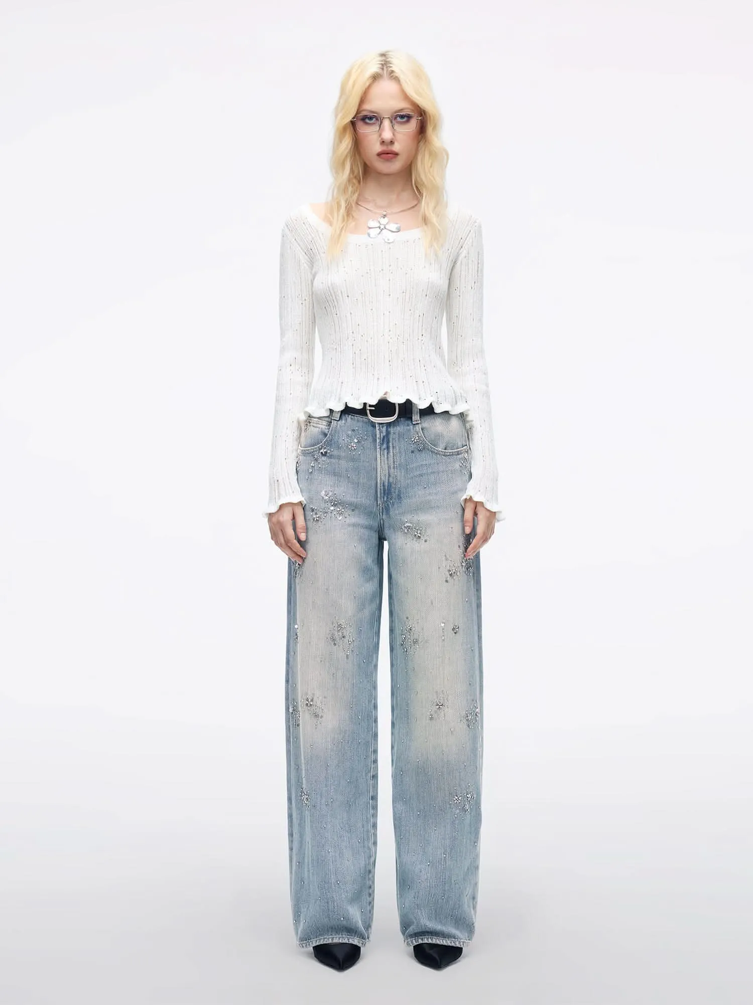 Beaded Straight-Leg Jeans