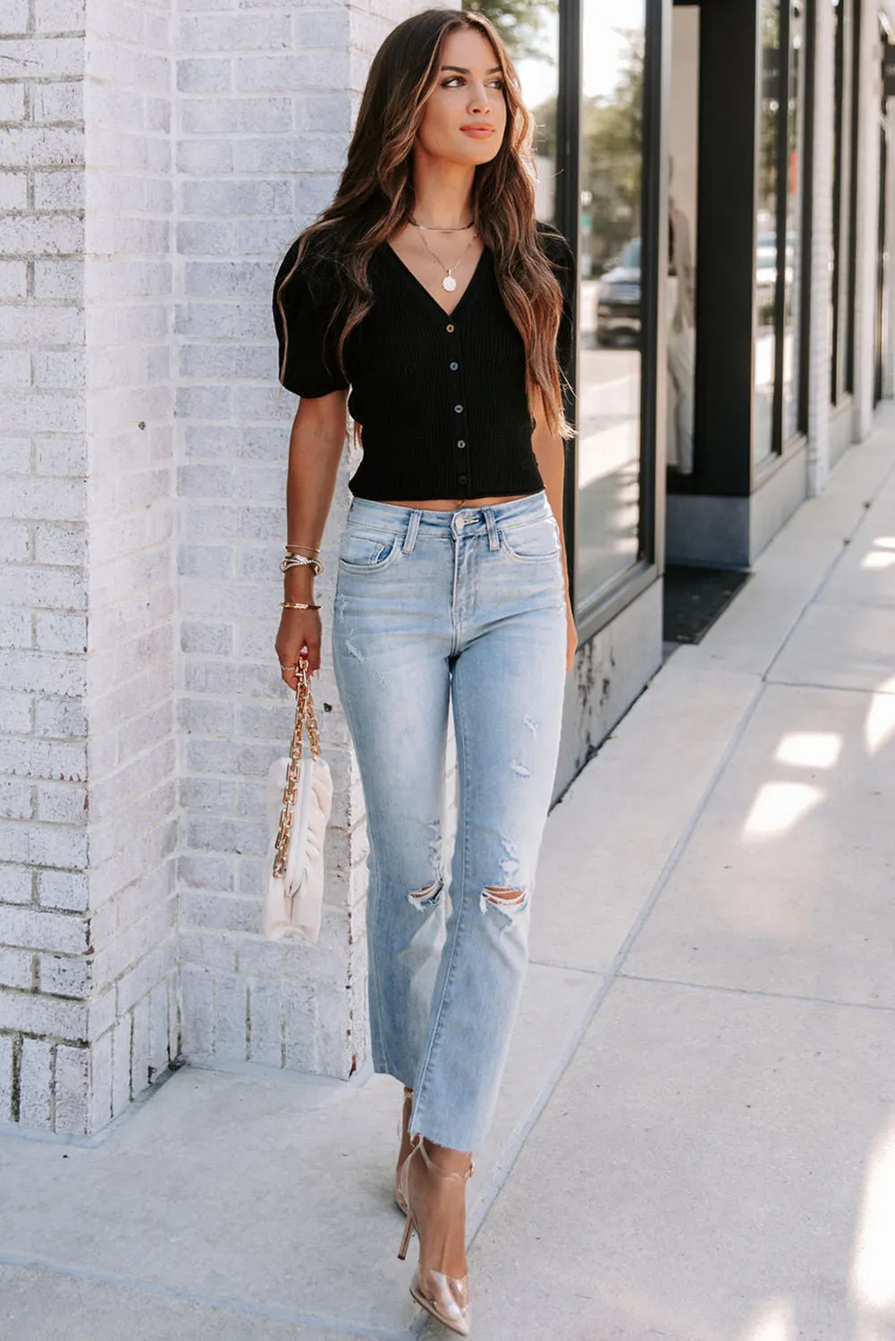 Black Flower Ribbed Texture Button V Neck Bubble Sleeve Top