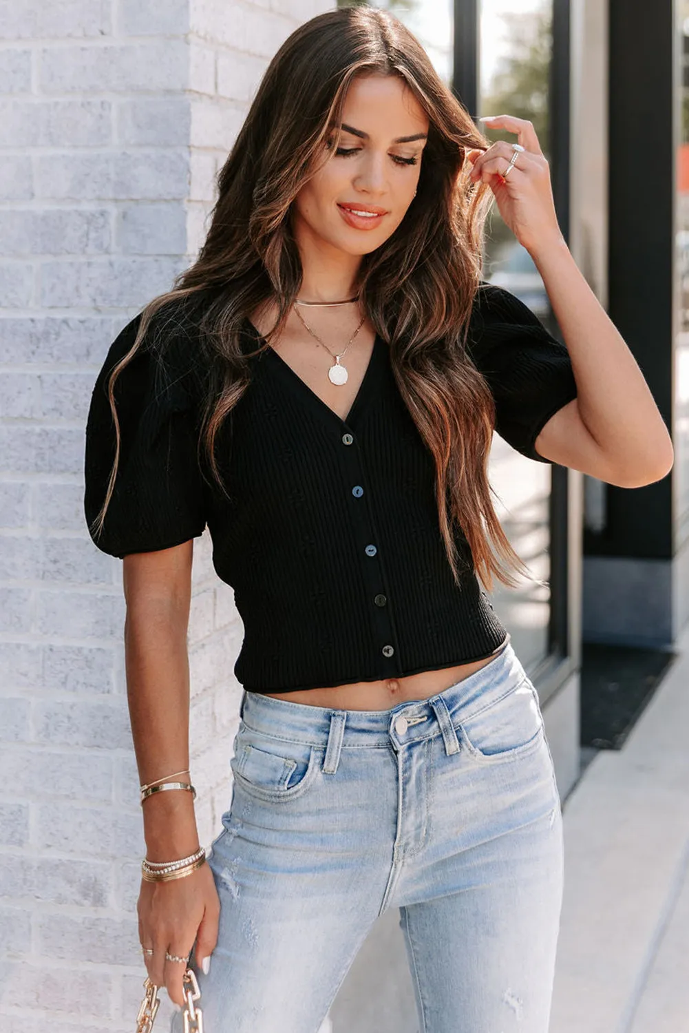 Black Flower Ribbed Texture Button V Neck Bubble Sleeve Top
