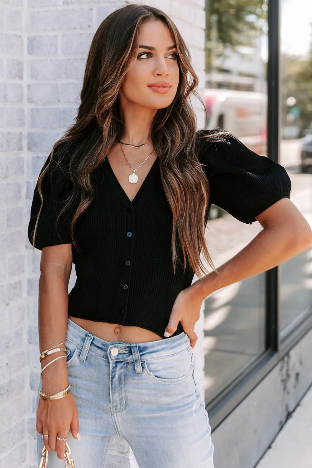 Black Flower Ribbed Texture Button V Neck Bubble Sleeve Top