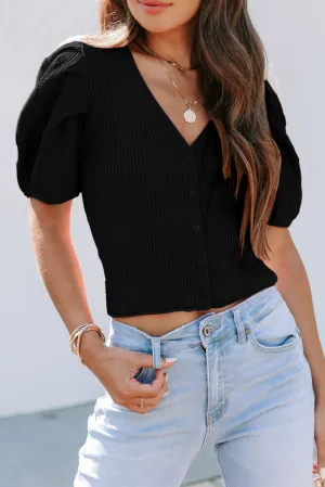 Black Flower Ribbed Texture Button V Neck Bubble Sleeve Top