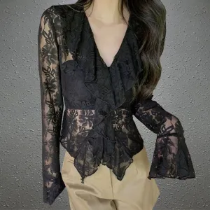 Black Lace Ruffle Top