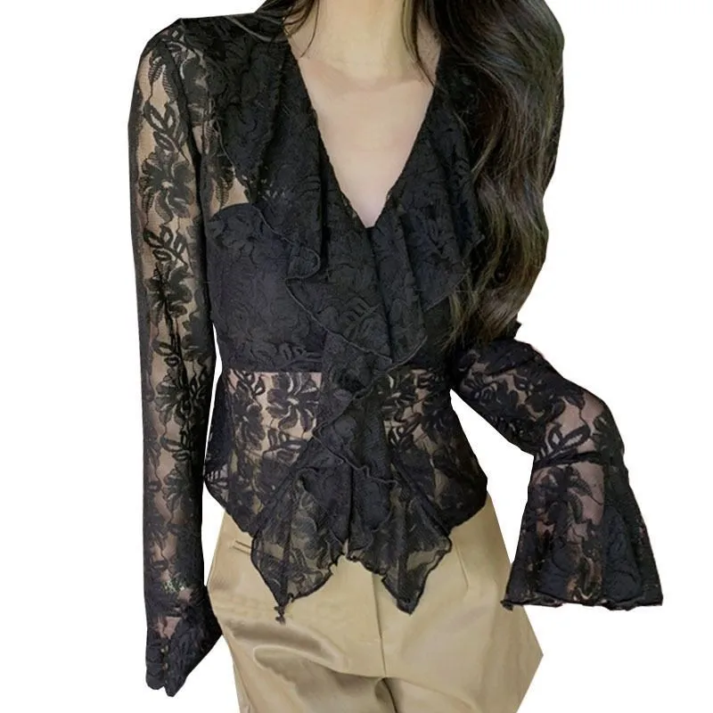 Black Lace Ruffle Top
