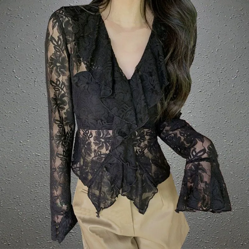 Black Lace Ruffle Top