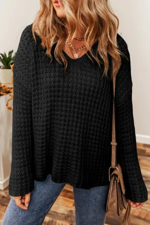 Black Open Knit V Neck Sweater