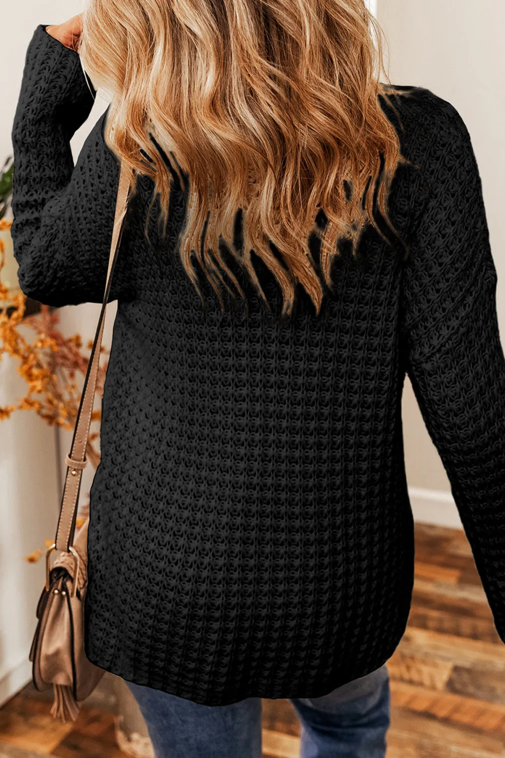 Black Open Knit V Neck Sweater