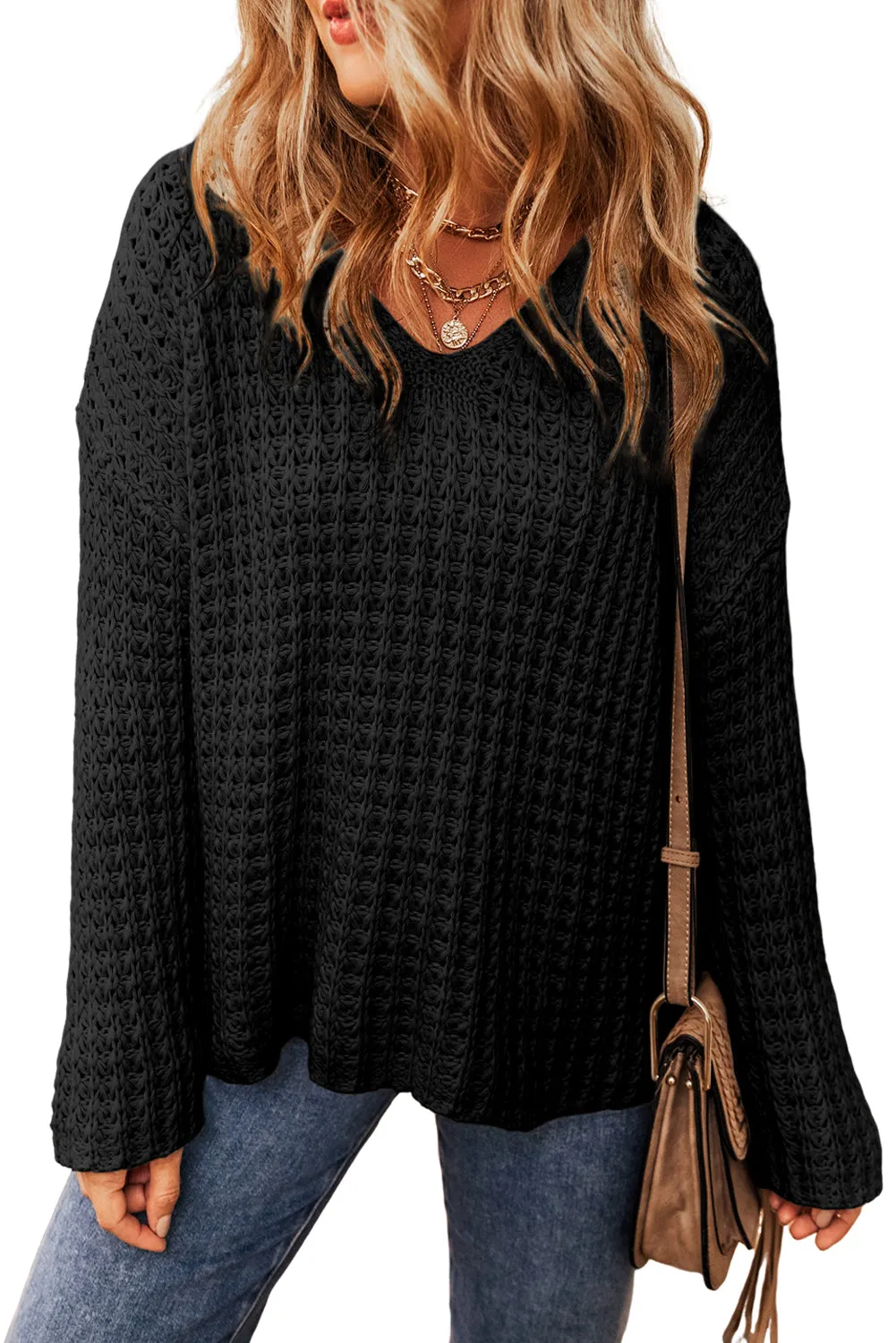 Black Open Knit V Neck Sweater