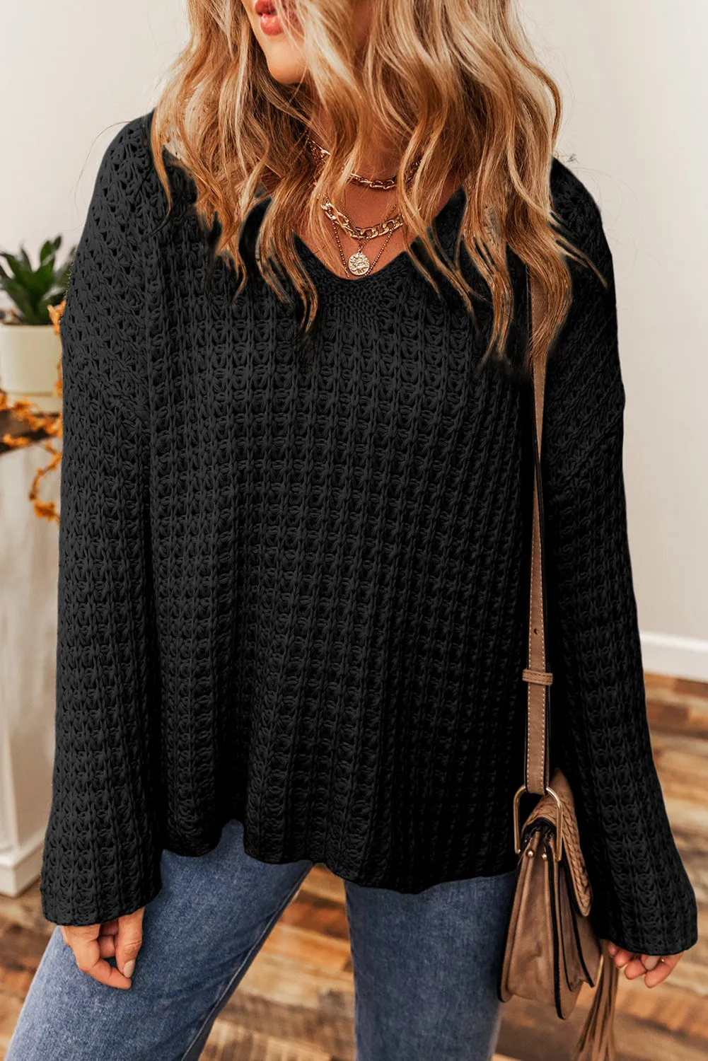 Black Open Knit V Neck Sweater