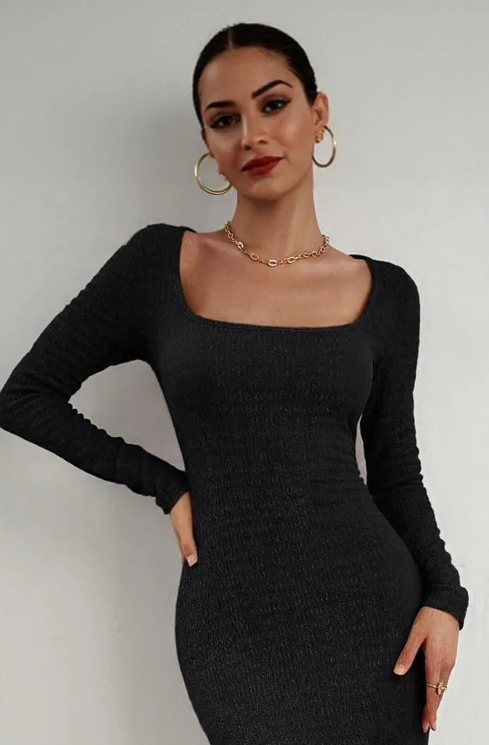 Black Square Neck Textured Maxi Dress