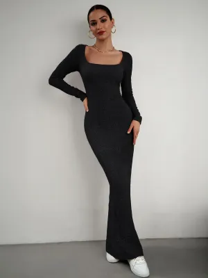 Black Square Neck Textured Maxi Dress