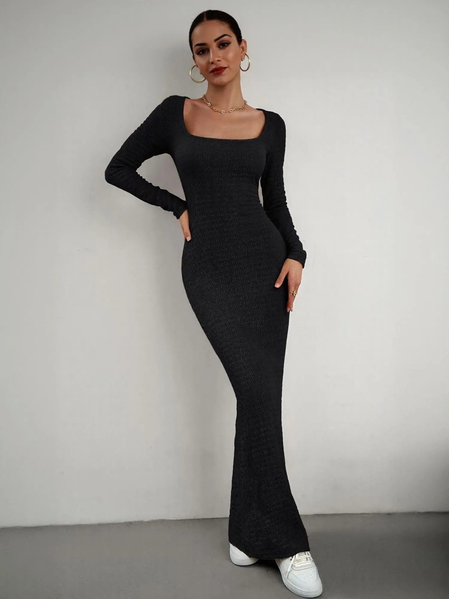 Black Square Neck Textured Maxi Dress