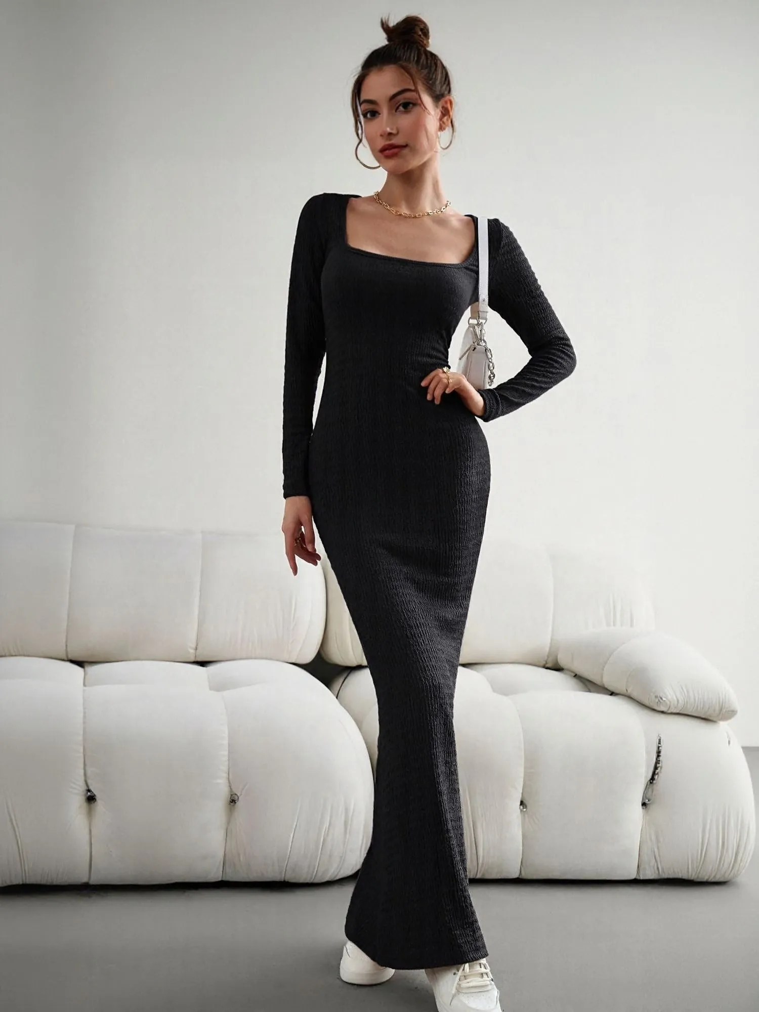 Black Square Neck Textured Maxi Dress
