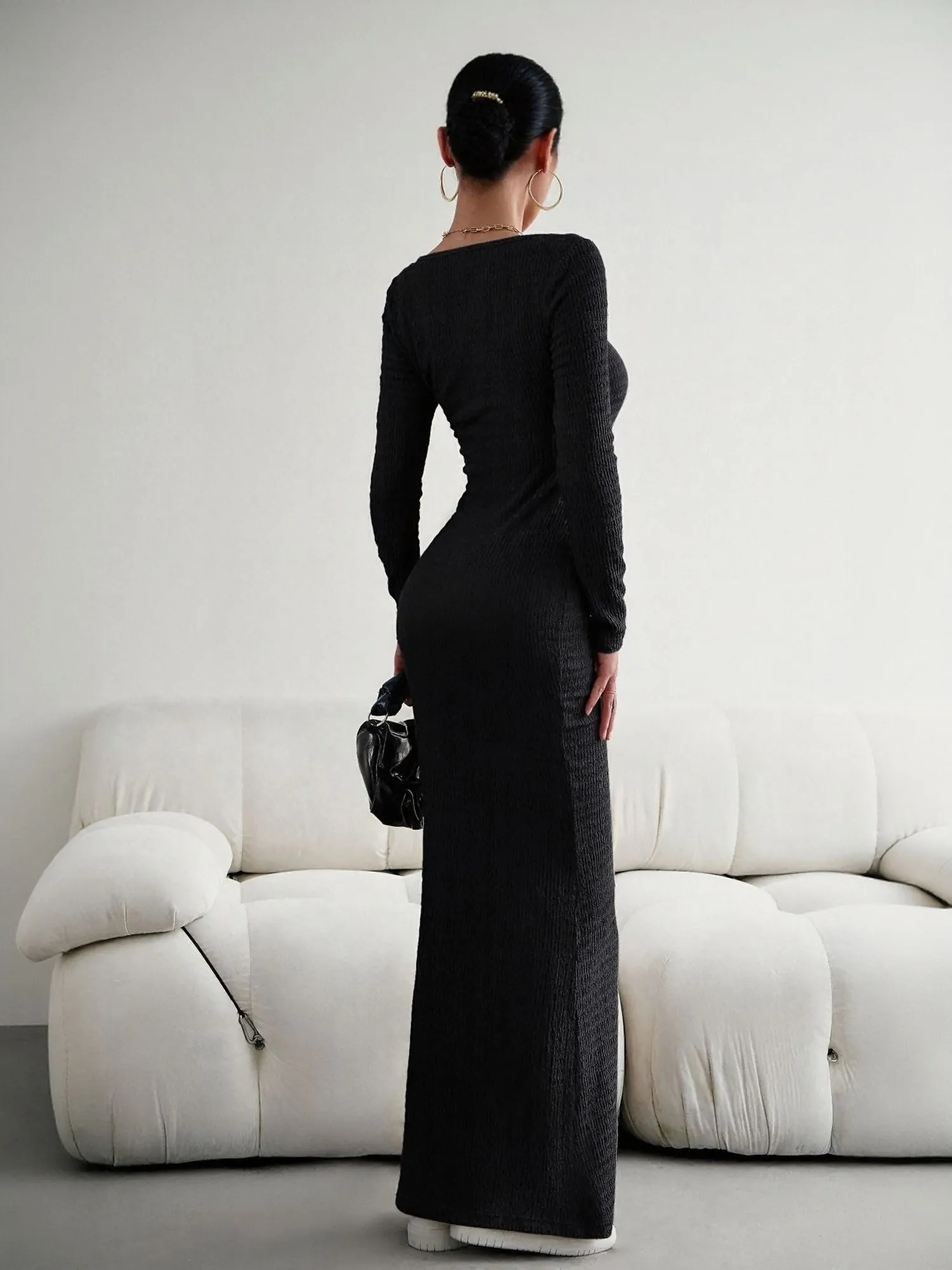 Black Square Neck Textured Maxi Dress