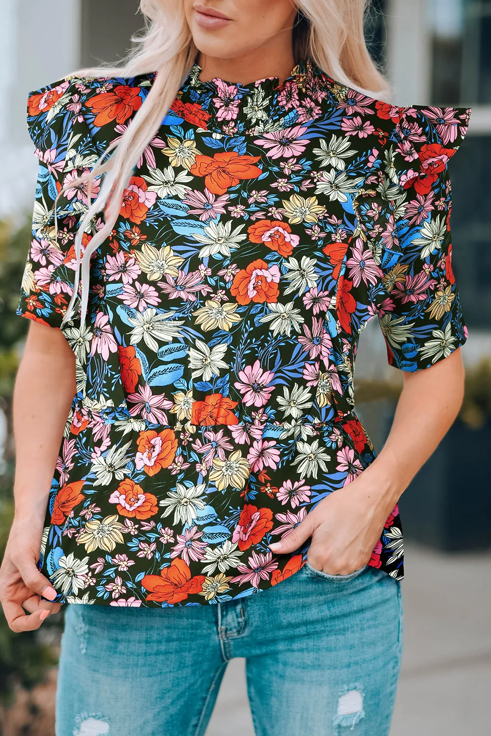 Bloemen Ruffle Schouder Frill Hals Blouse