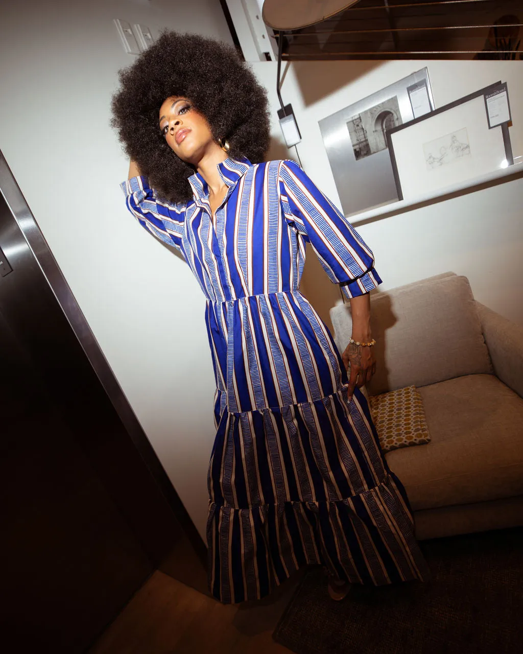 BLUE & WHITE CABANA STRIPED MIDI DRESS