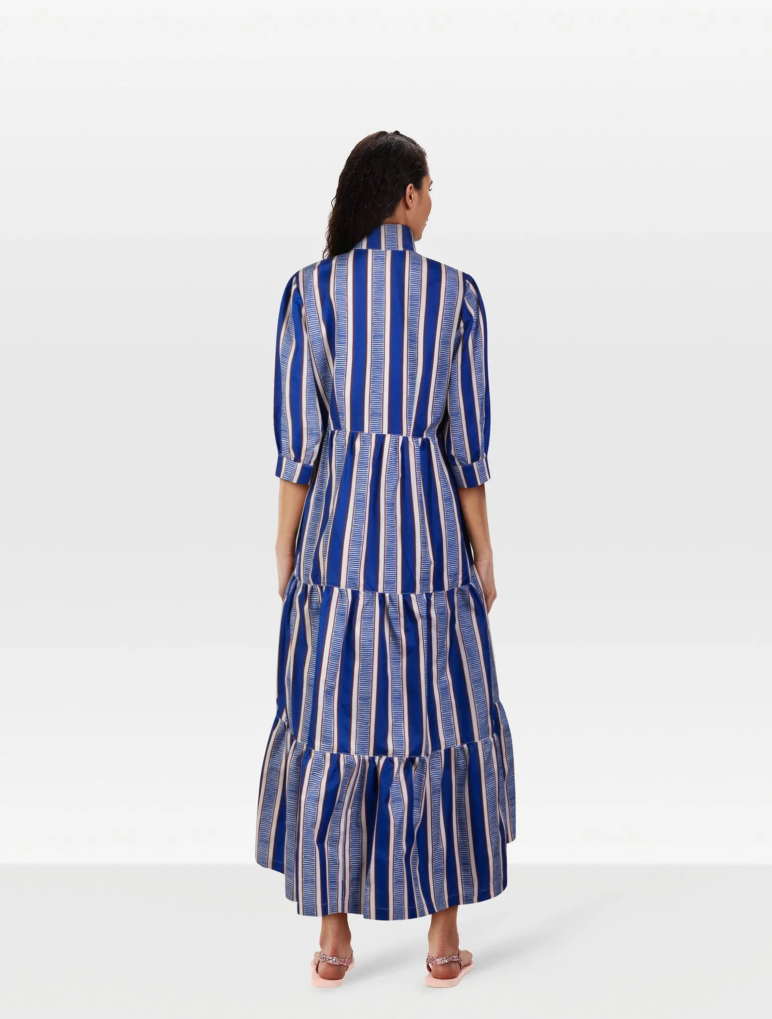 BLUE & WHITE CABANA STRIPED MIDI DRESS