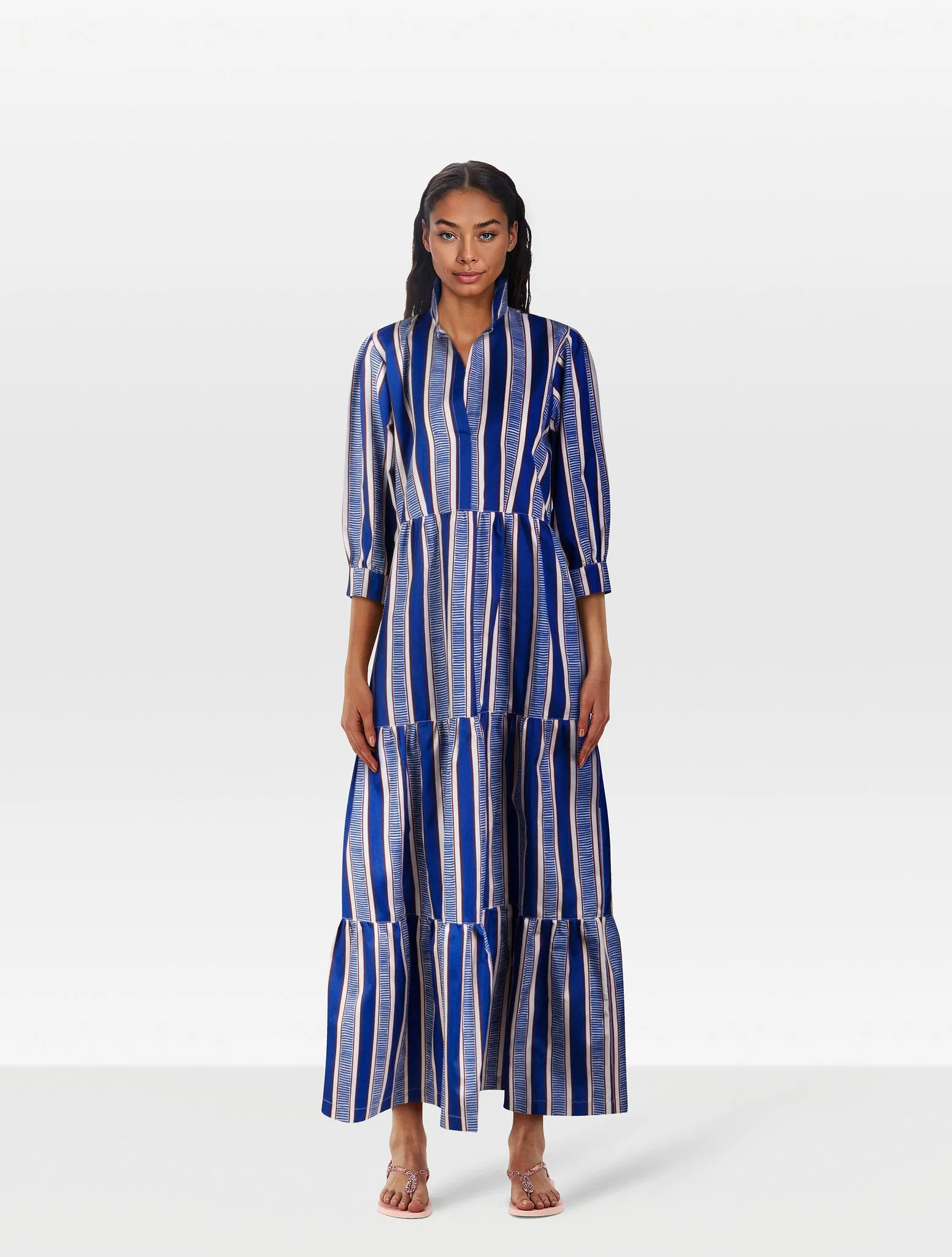 BLUE & WHITE CABANA STRIPED MIDI DRESS