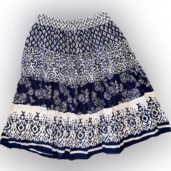 Blue and White Tiered Ruffle Pattern XL Midi Skirt