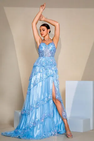 Blue Corset Tiered A Line Slit Floor Length Dress