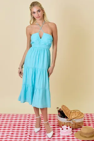 Blue Halter Tiered Midi Dress
