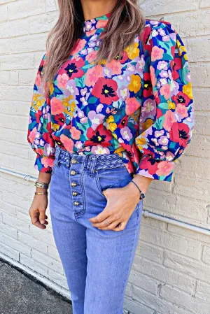 Blue Mock Neck Bubble Sleeve Floral Print Blouse