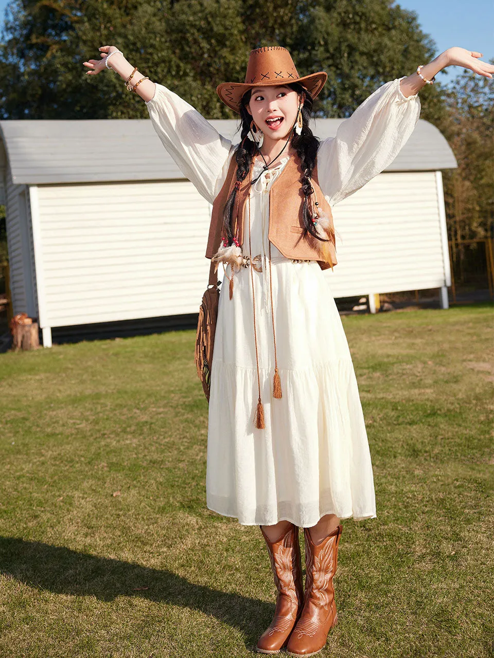 Bohemian White Ruffles Cotton Maxi Dress with Suede Embroidered Vest Boho Suit