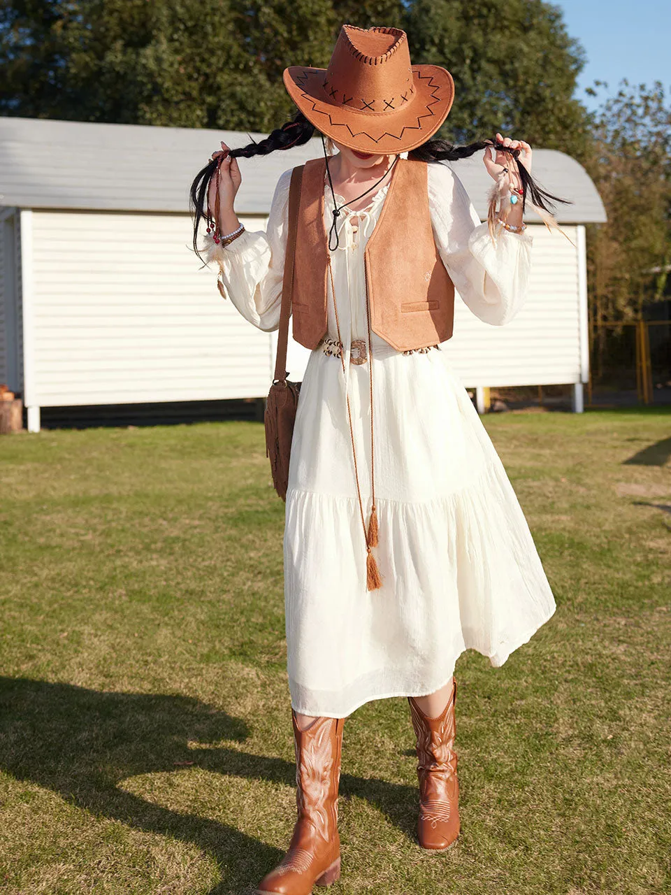Bohemian White Ruffles Cotton Maxi Dress with Suede Embroidered Vest Boho Suit