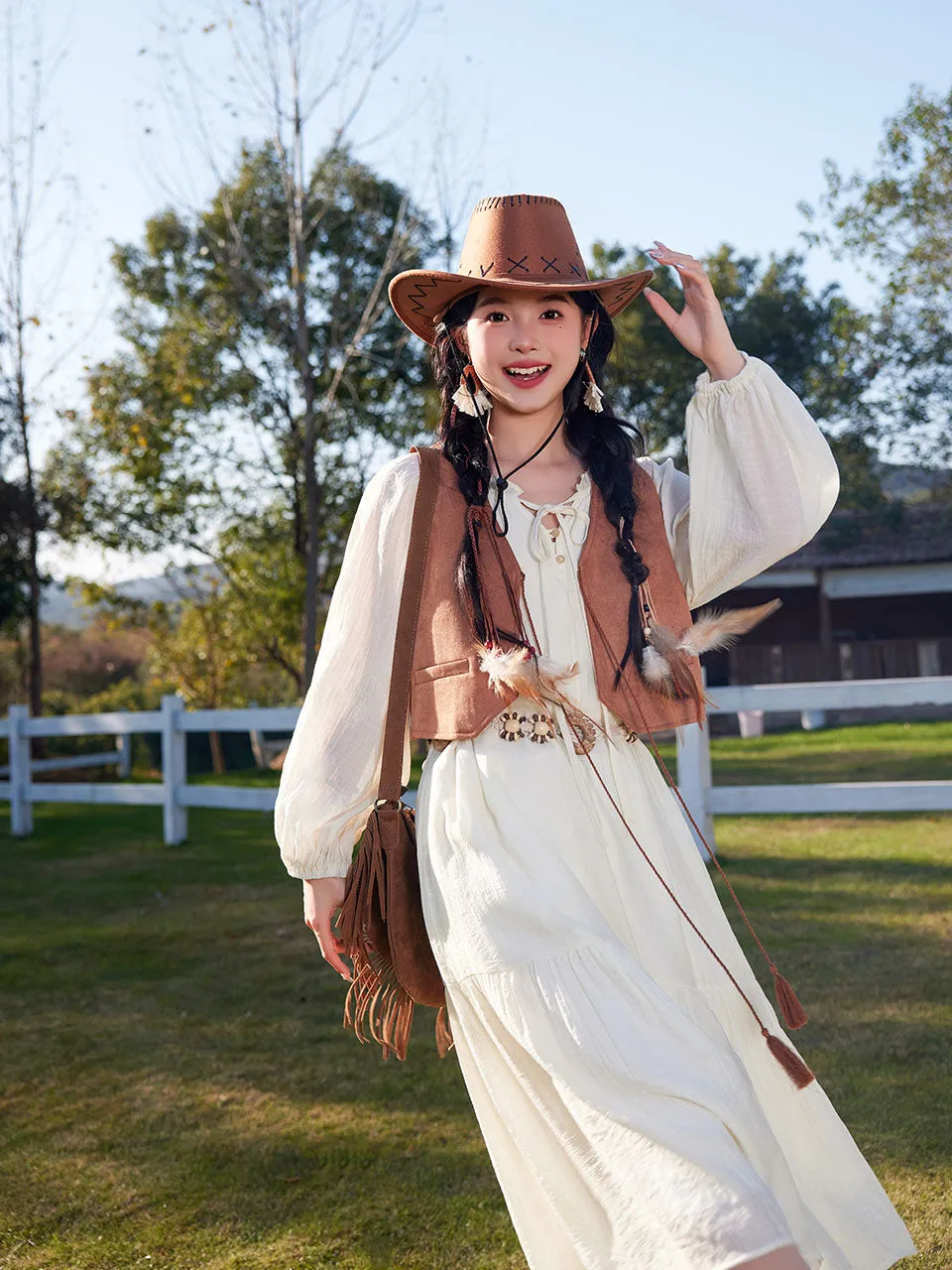 Bohemian White Ruffles Cotton Maxi Dress with Suede Embroidered Vest Boho Suit