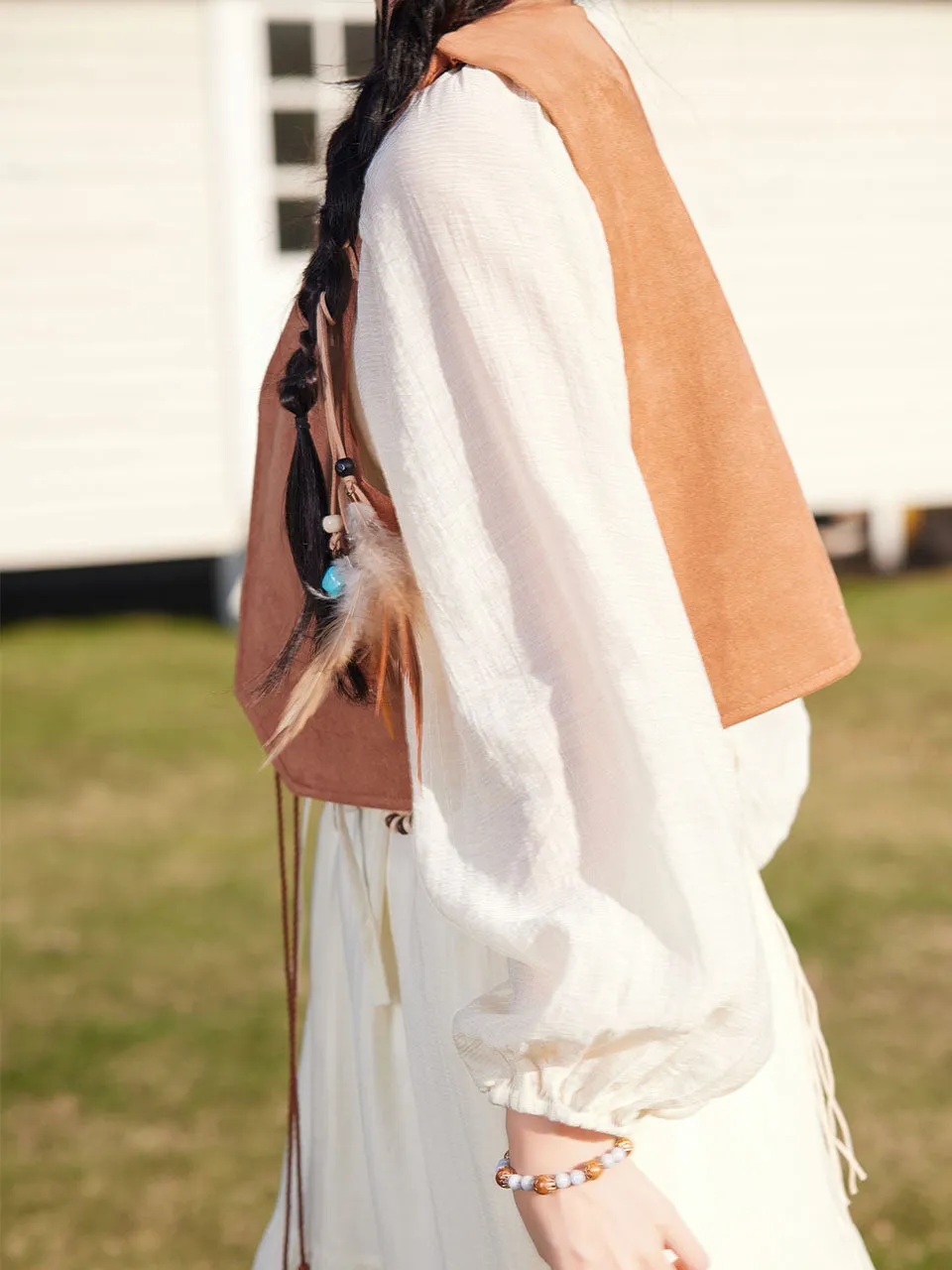 Bohemian White Ruffles Cotton Maxi Dress with Suede Embroidered Vest Boho Suit