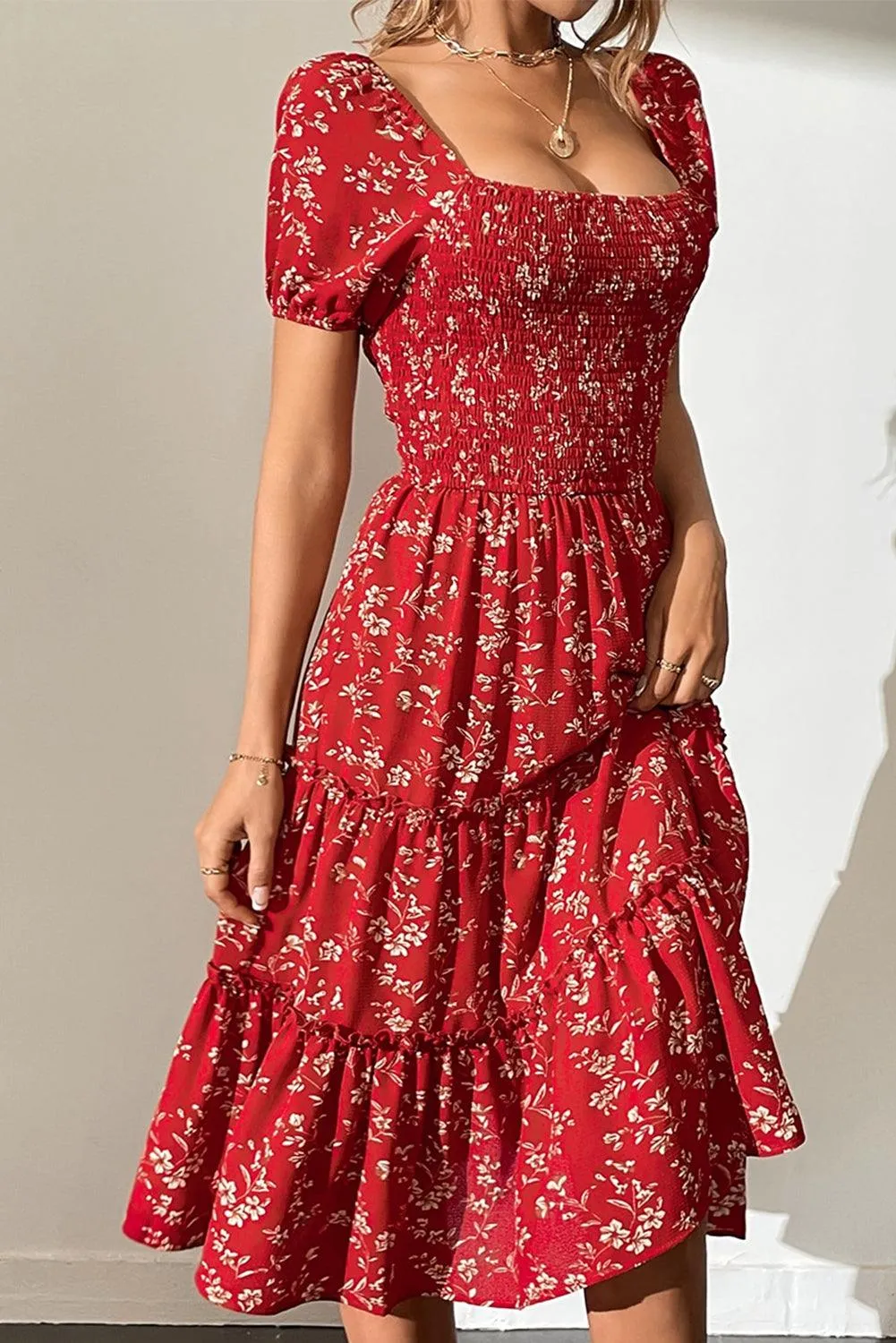 Boho Smocked Square Neck Tiered Midi Dress