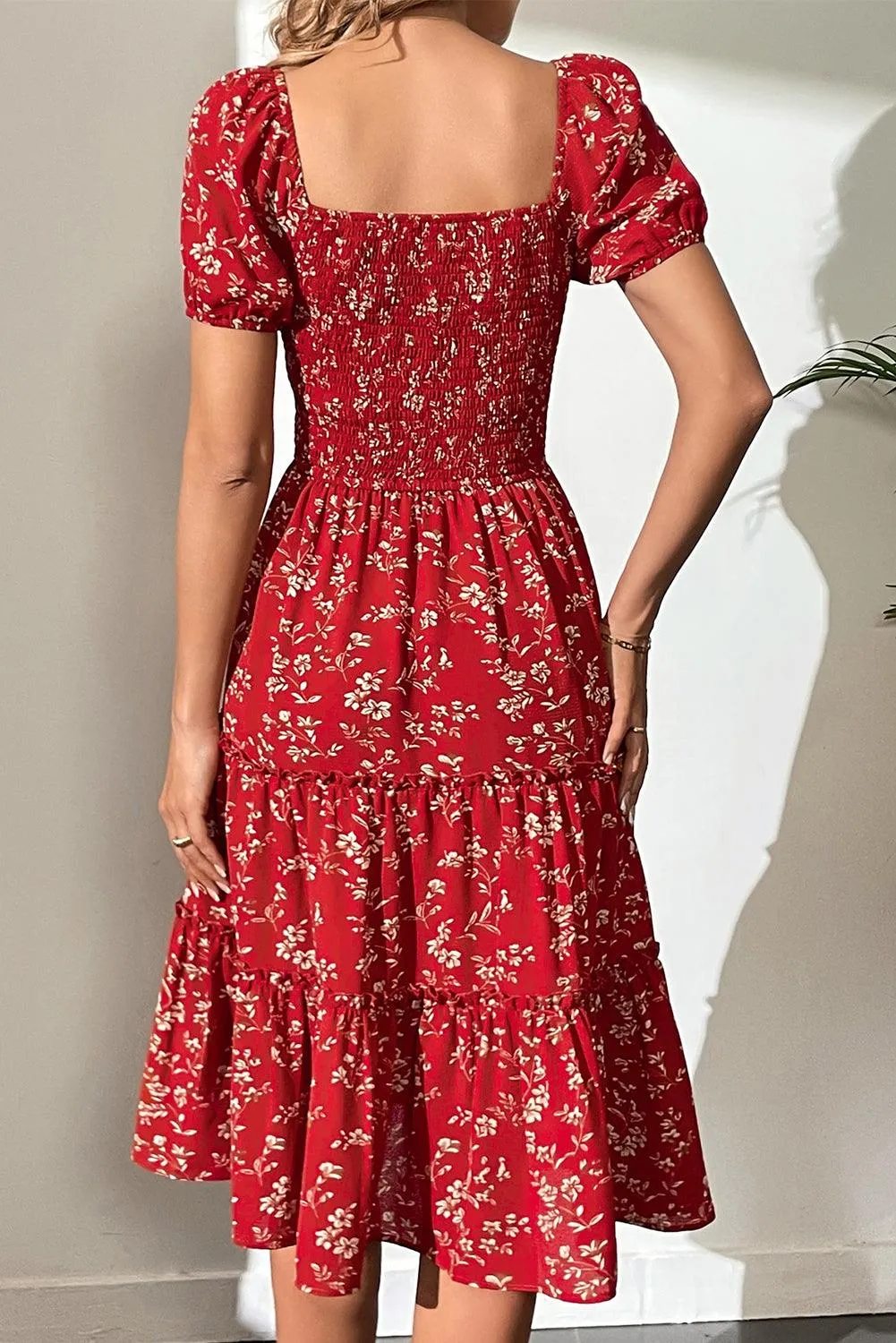 Boho Smocked Square Neck Tiered Midi Dress