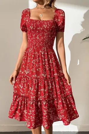 Boho Smocked Square Neck Tiered Midi Dress