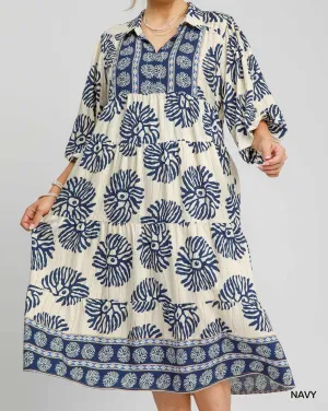 Border Print Tiered Midi Dress