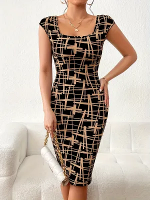 Braunes Square Neck Midi-Kleid - Emilia