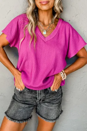 Bright Pink Crinkled V Neck Wide Sleeve T-shirt