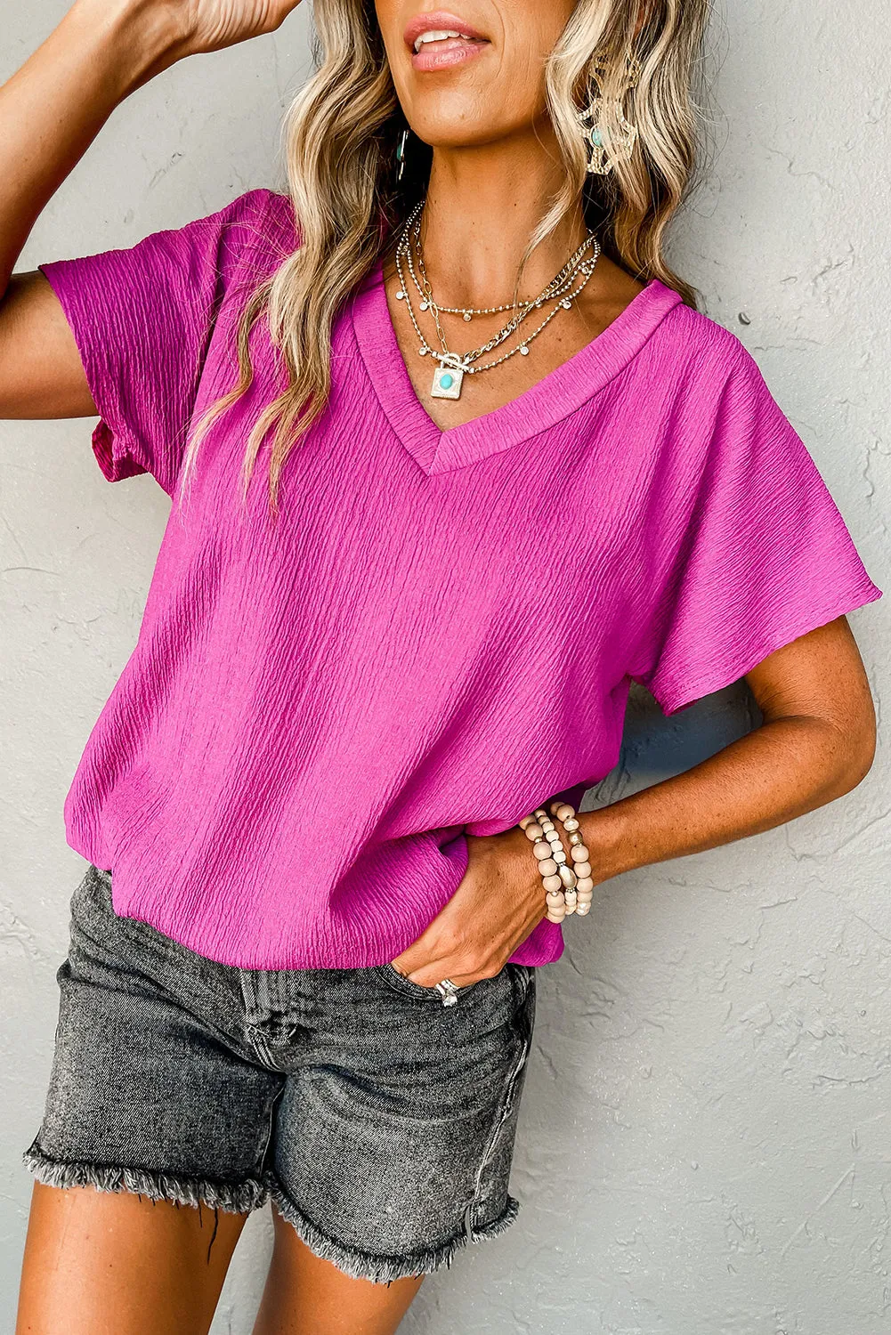 Bright Pink Crinkled V Neck Wide Sleeve T-shirt