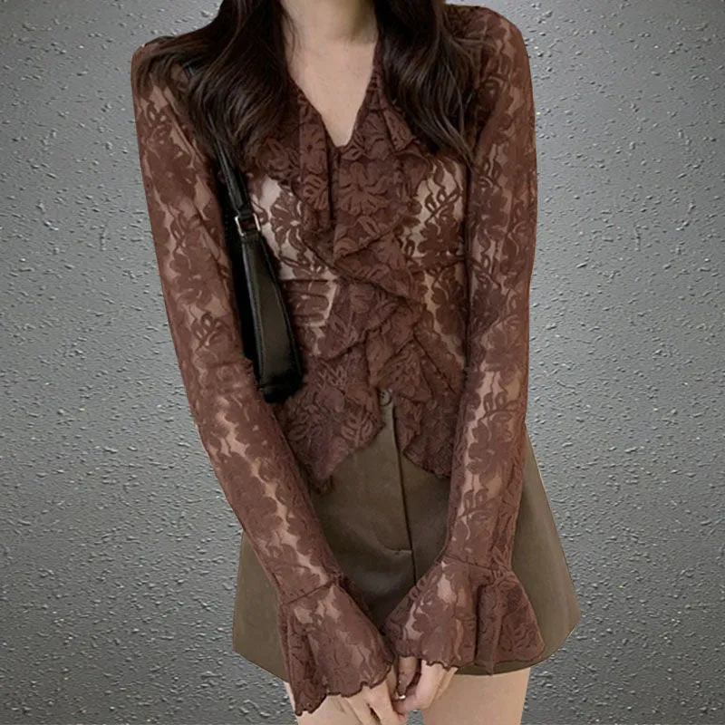 Brown Lace Ruffle Top
