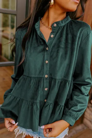 Burgundy Corduroy Ruffle Tiered Buttoned O Neck Shirt