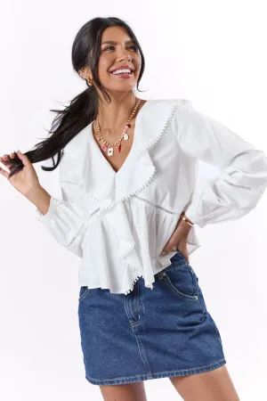 Burn The Breeze Ivory Ladder Detail Ruffle Front Blouse SALE