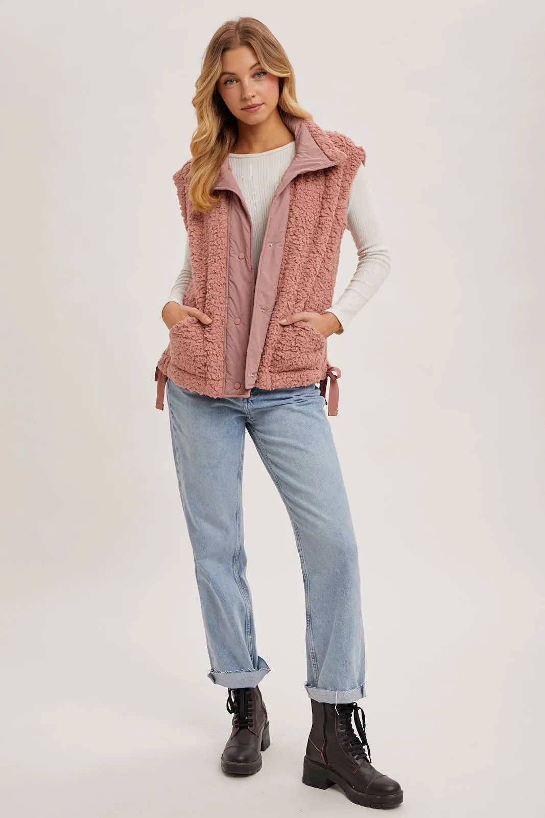 Button Down Fleece Sherpa Vest - Rose
