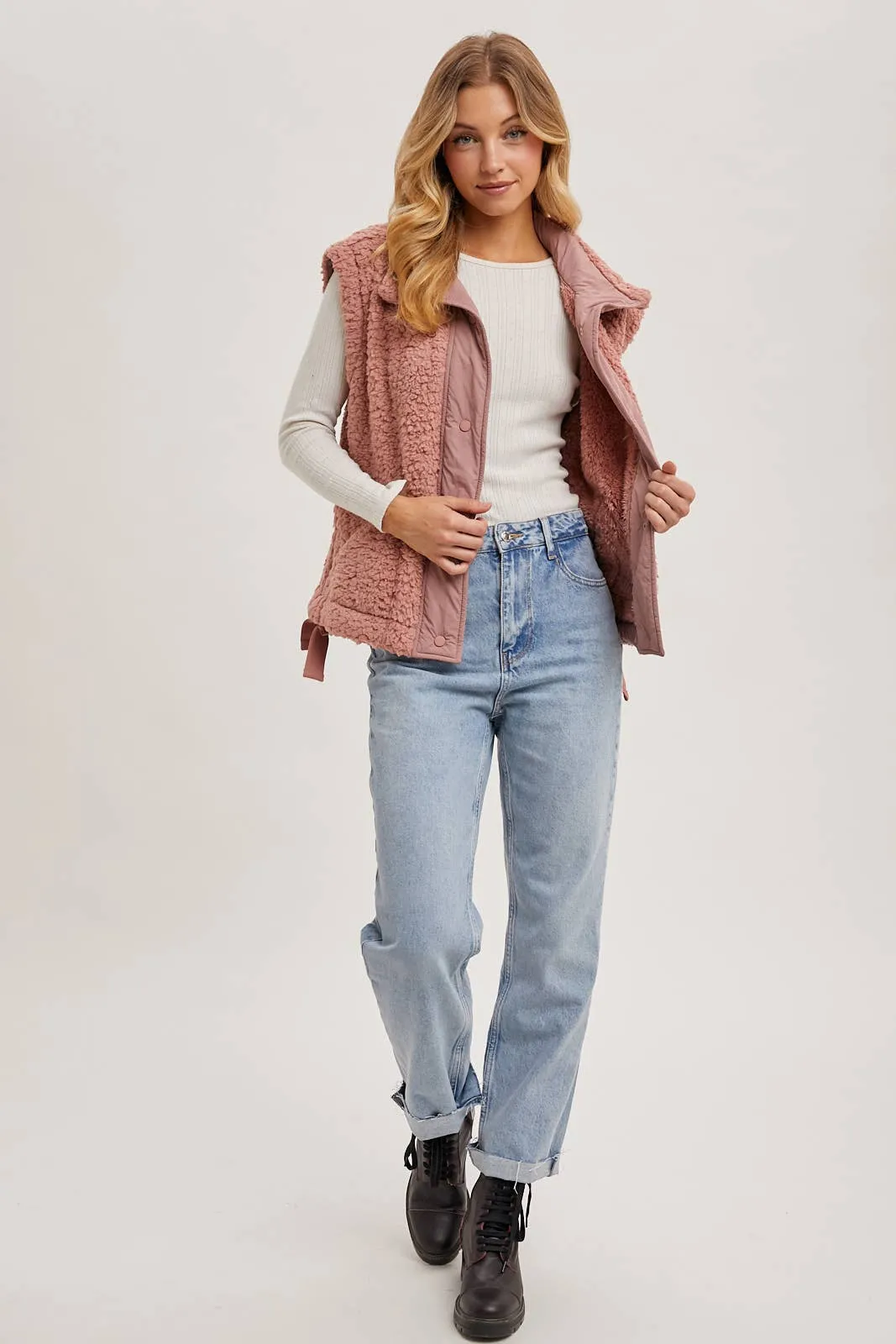 Button Down Fleece Sherpa Vest - Rose