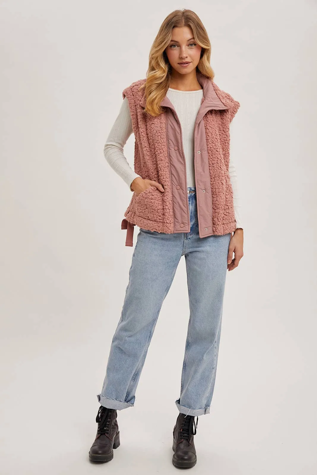 Button Down Fleece Sherpa Vest - Rose