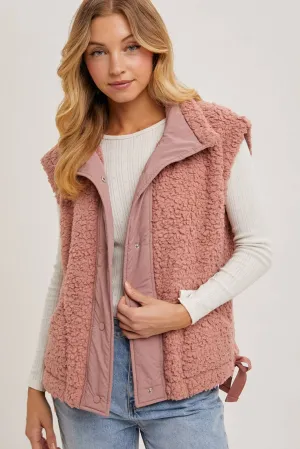 Button Down Fleece Sherpa Vest - Rose