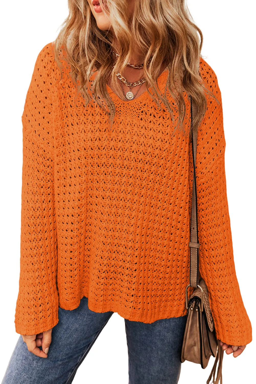 Carrot Open Knit V Neck Sweater