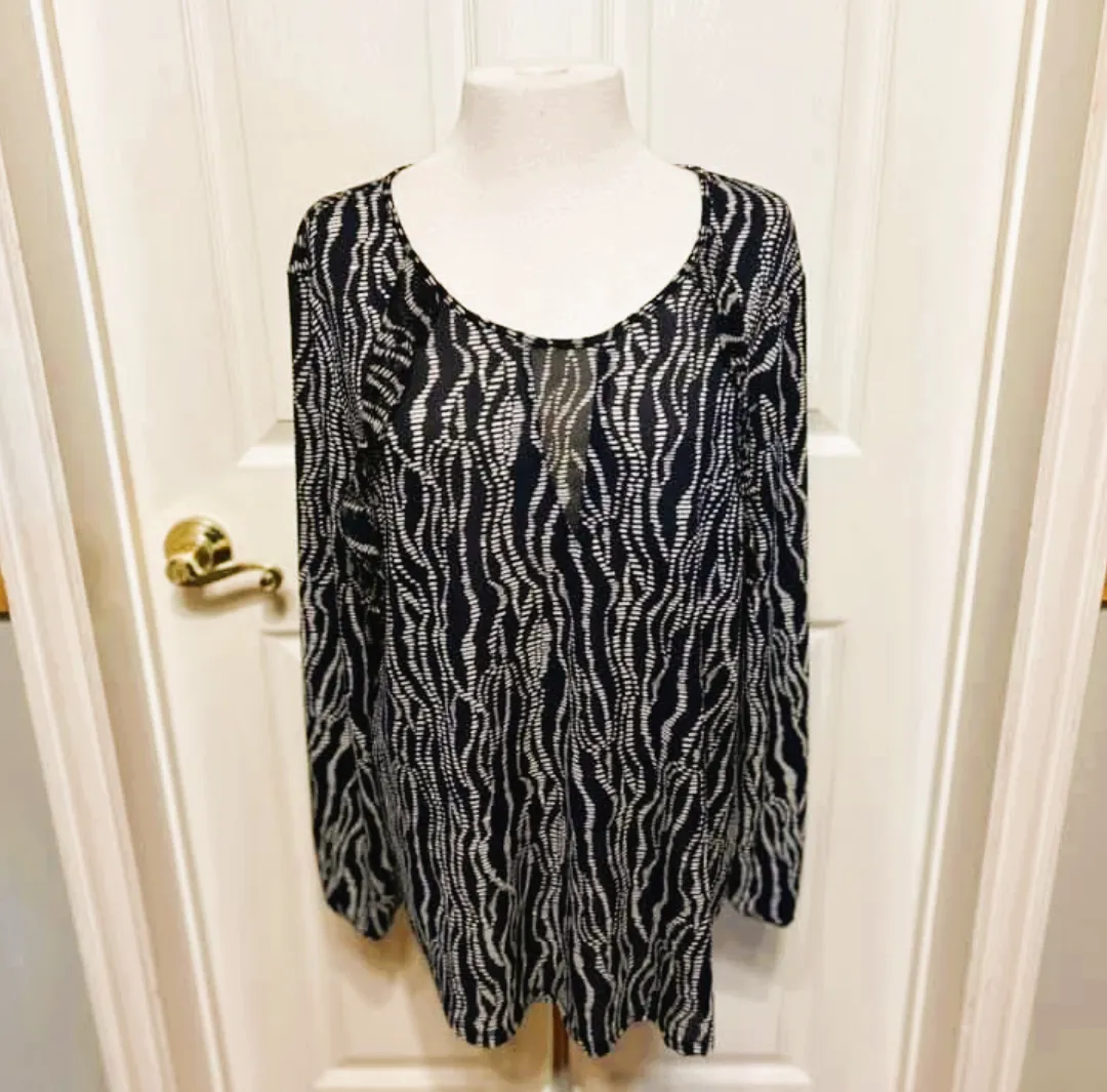 Cato Printed Ruffle Navy White Long Sleeve Blouse - Large